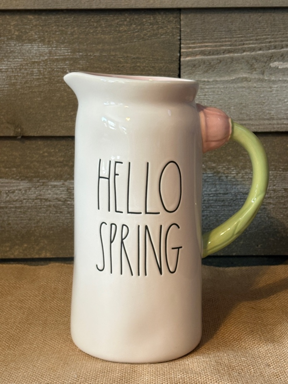 Rae Dunn "Hello Spring" White Pitcher Vase with Pink and Green Handle
